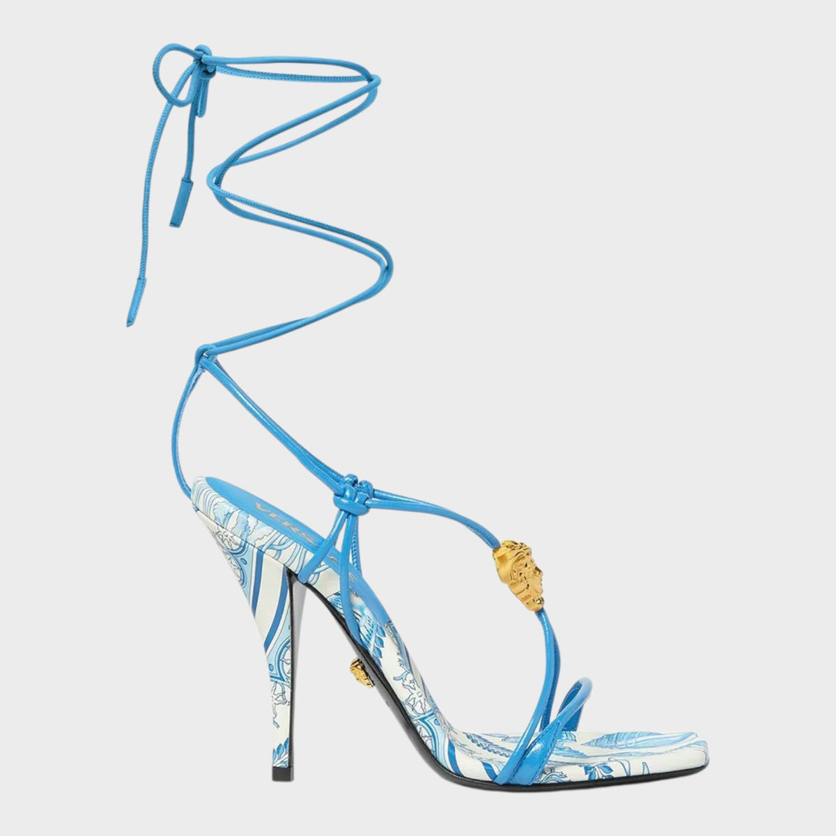 Medusa Barocco Square Toe Heeled Sandals Blue White