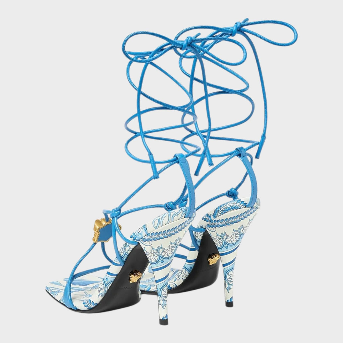 Medusa Barocco Square Toe Heeled Sandals Blue White
