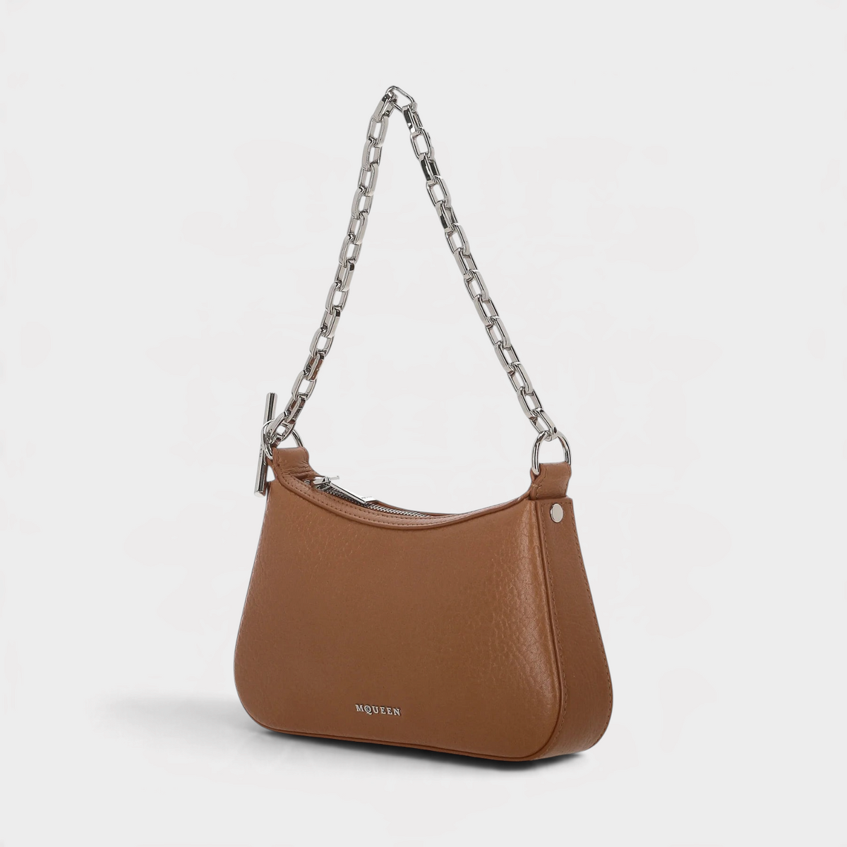 Supplied Fashion pecan brown leather T-Bar mini handbag with a silver chain strap and structured silhouette.