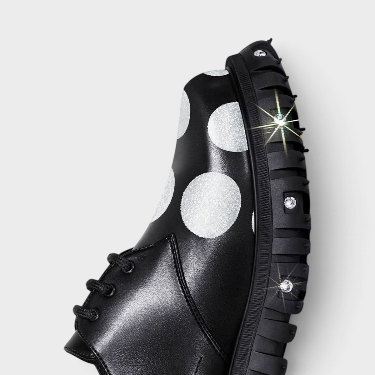 Supplied Fashion Swarovski x Phileo 005 black leather derby shoe with silver crystal polka dots and studded sole