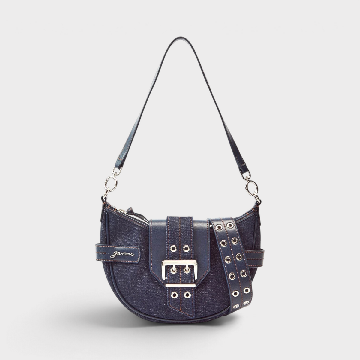 Supplied Fashion GANNI Bucky small crossbody bag in dark blue denim with a silver buckle and adjustable strap