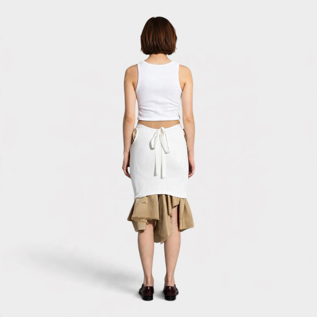 Layered Knee Length Skirt Beige White