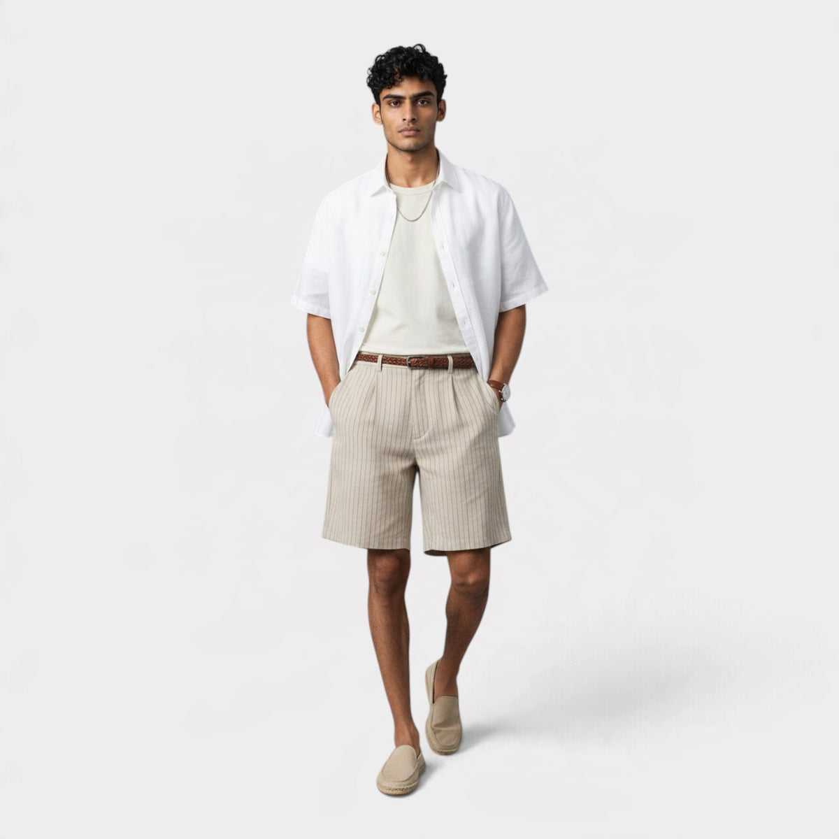 Double Pleated Linen Short Sand Stripe