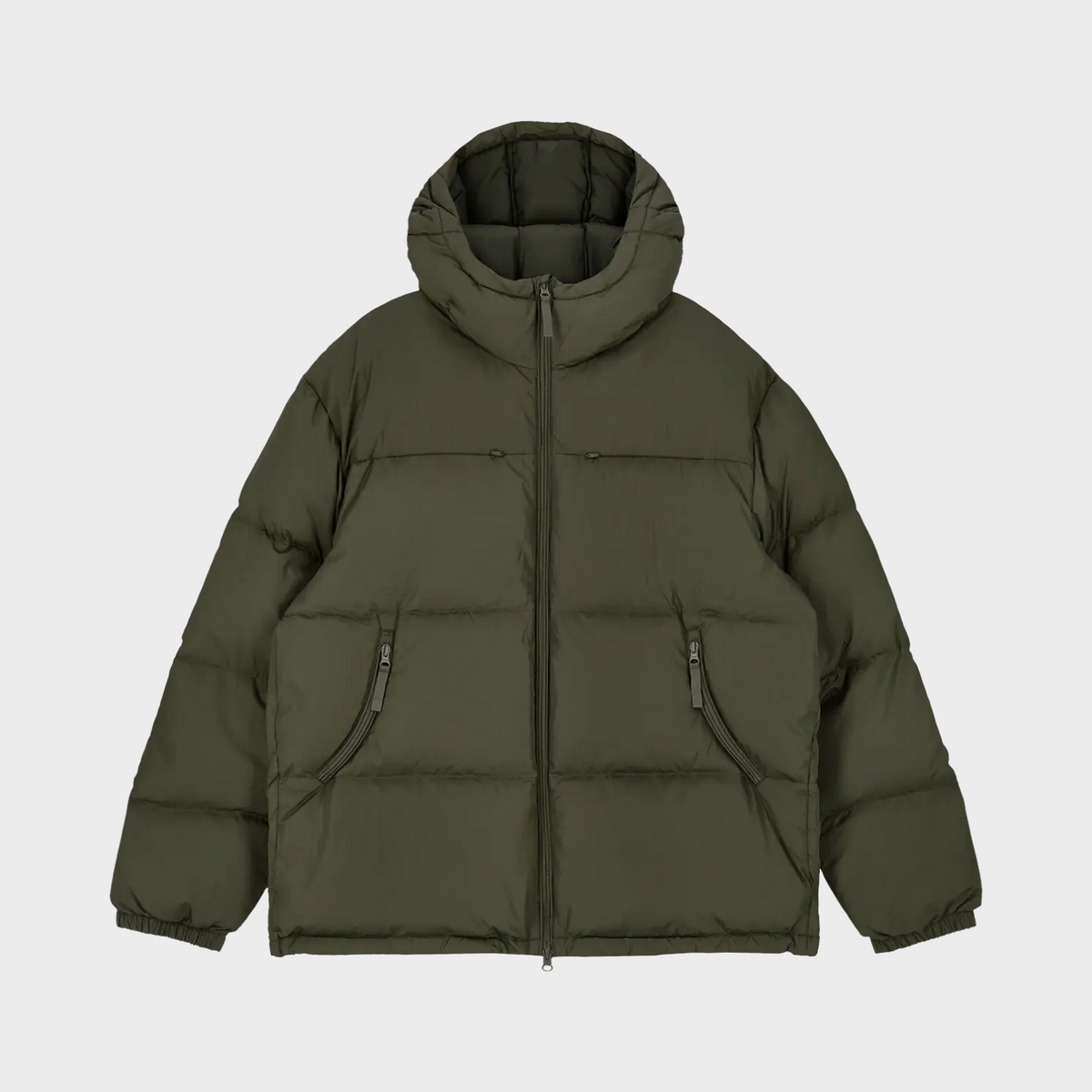 Supplied Fashion dark green down puffer jacket with a hood, front zip closure, and side pockets.