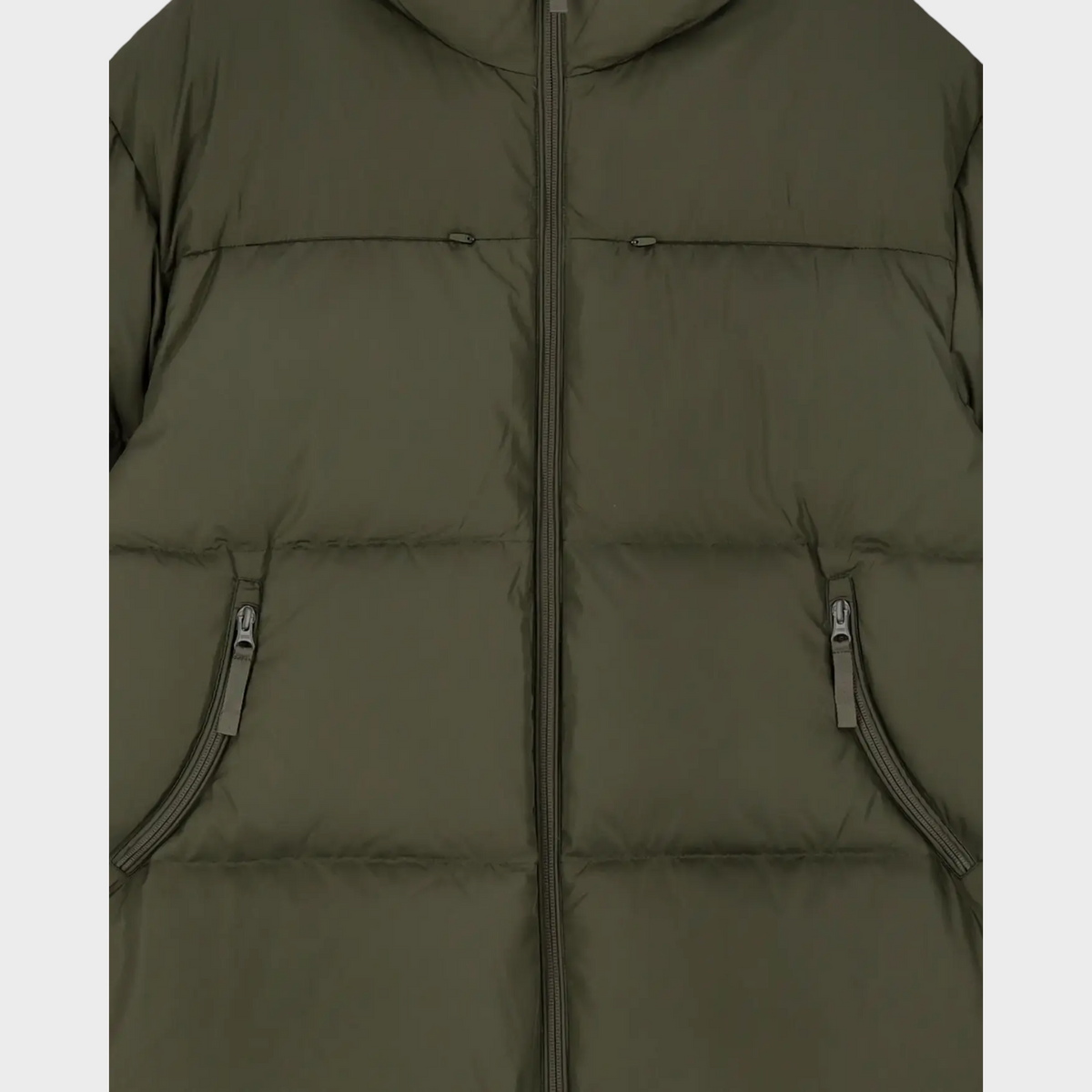 Supplied Fashion green down puffer jacket featuring a full-length front zipper and two secure zippered side pockets.