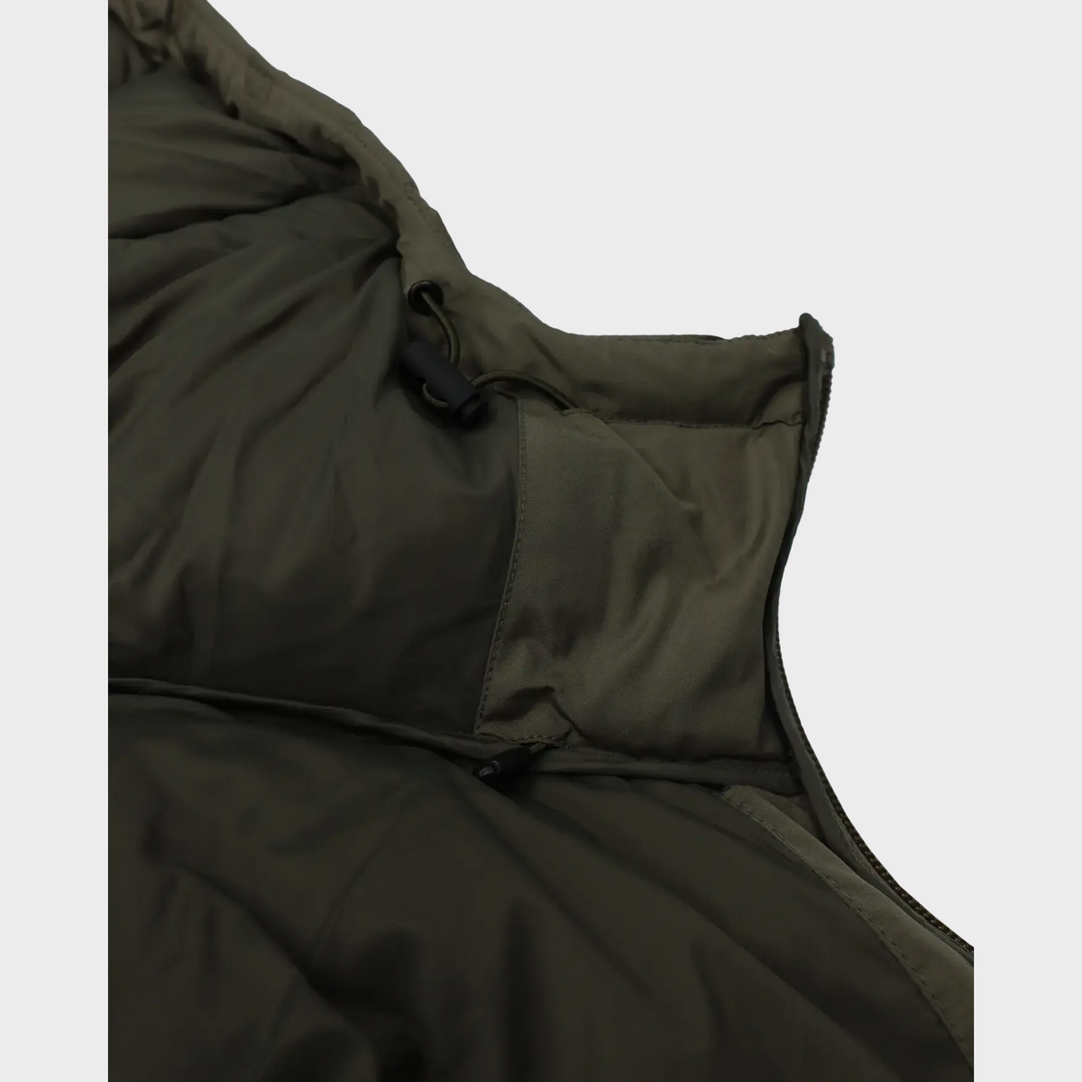 Supplied Fashion green down puffer jacket featuring a high collar with adjustable drawcord and durable outer shell.