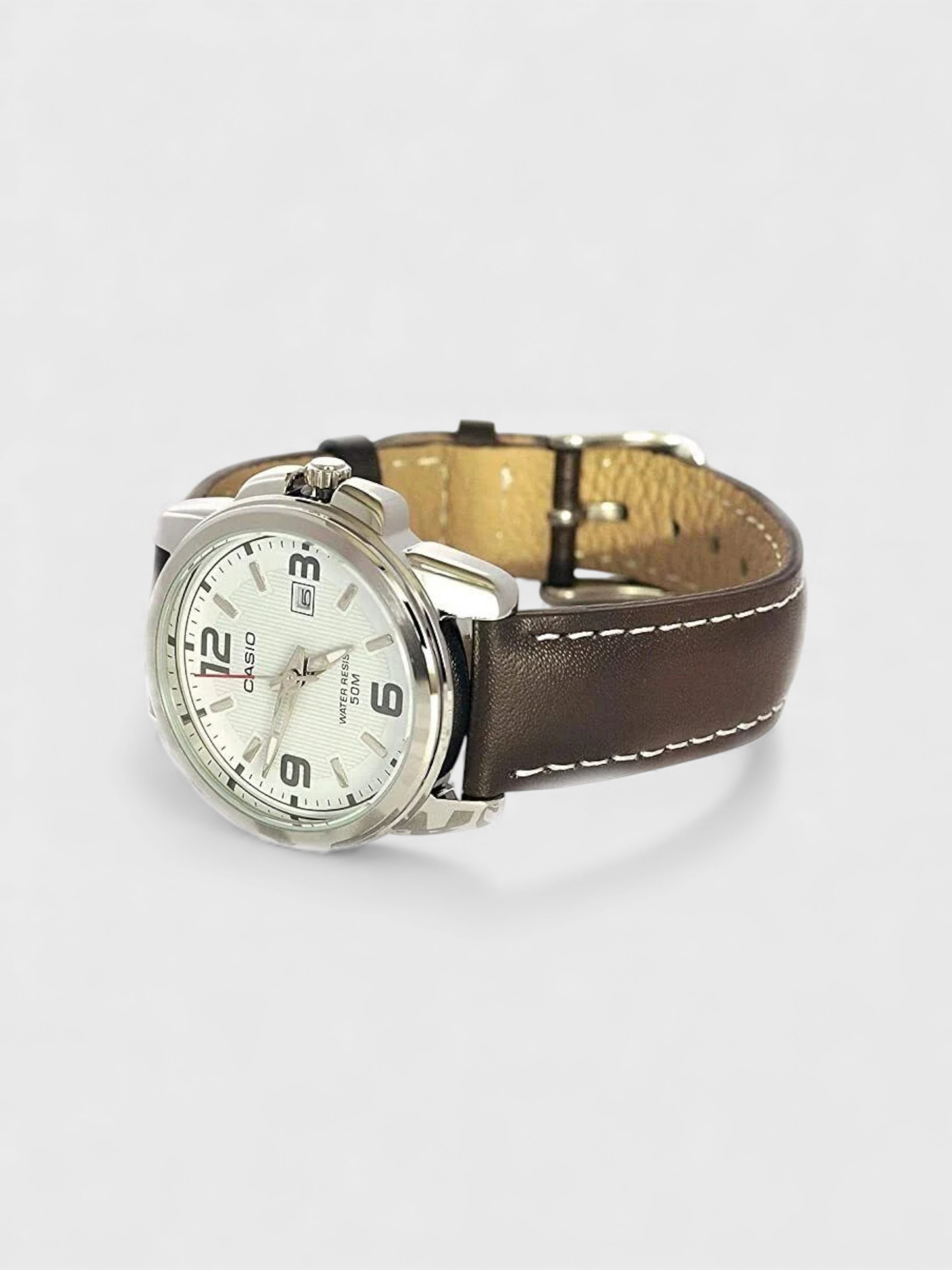 Casio Analogue MTP White Dial Watch Brown