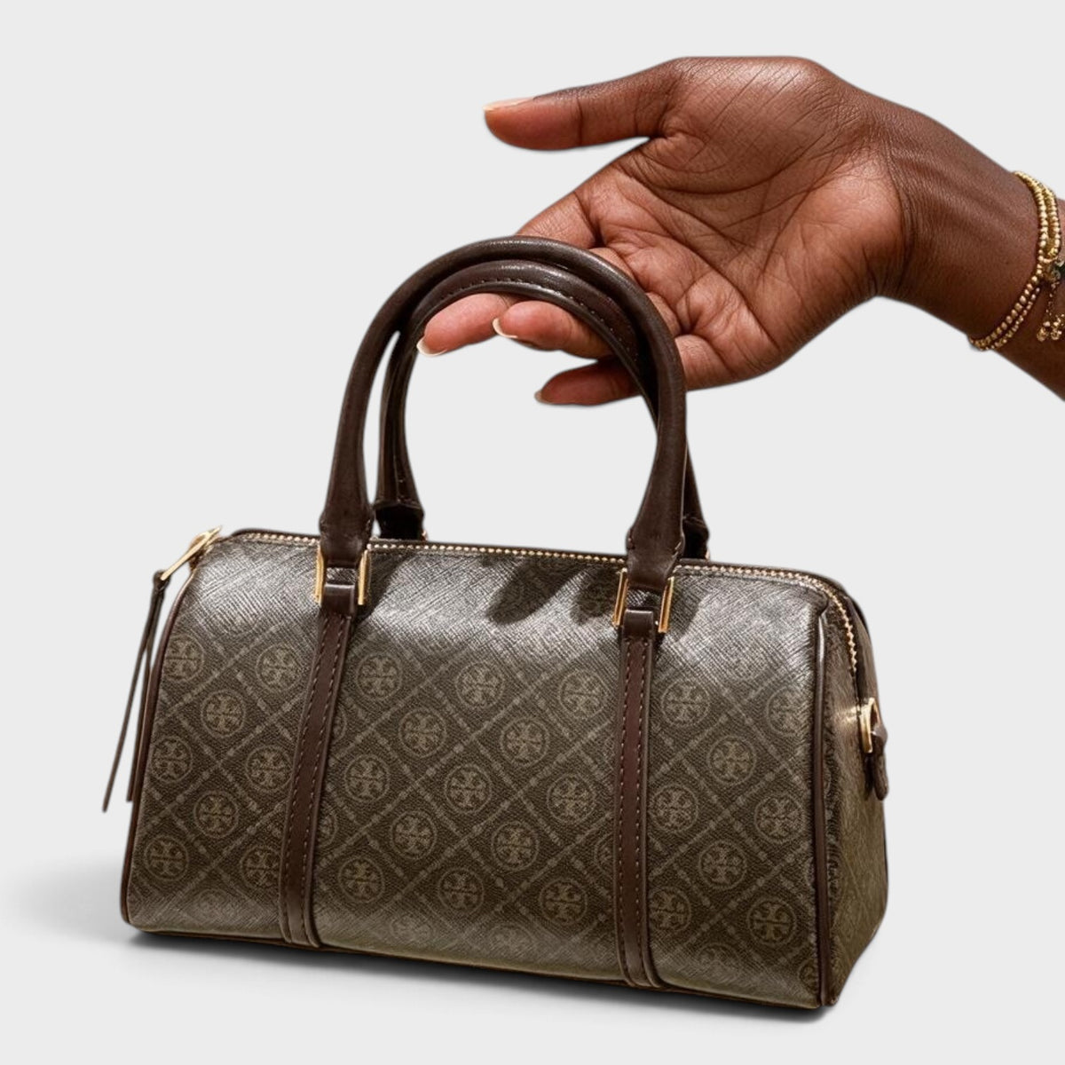 T Monogram Coated Canvas Mini Barrel Bag French Press Brown