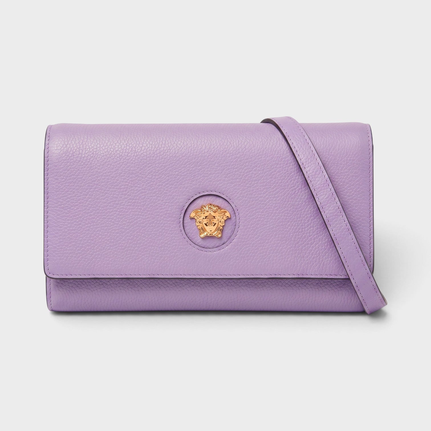 Medusa Leather Long Wallet On Strap Bag Gold Lilac Purple