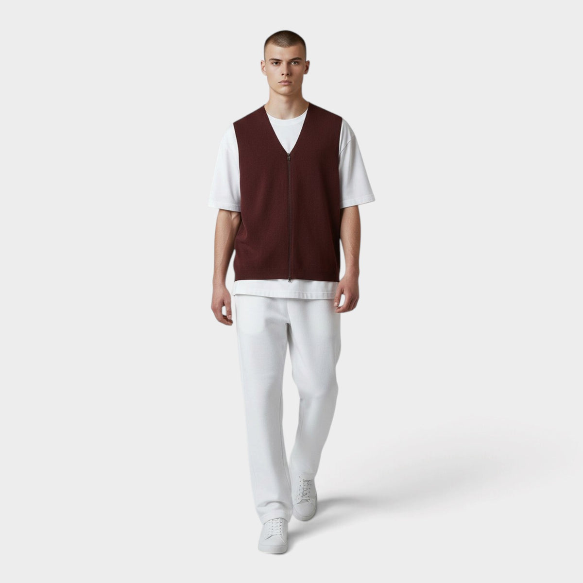 Rib Zipped Knitwear Vest Burgundy