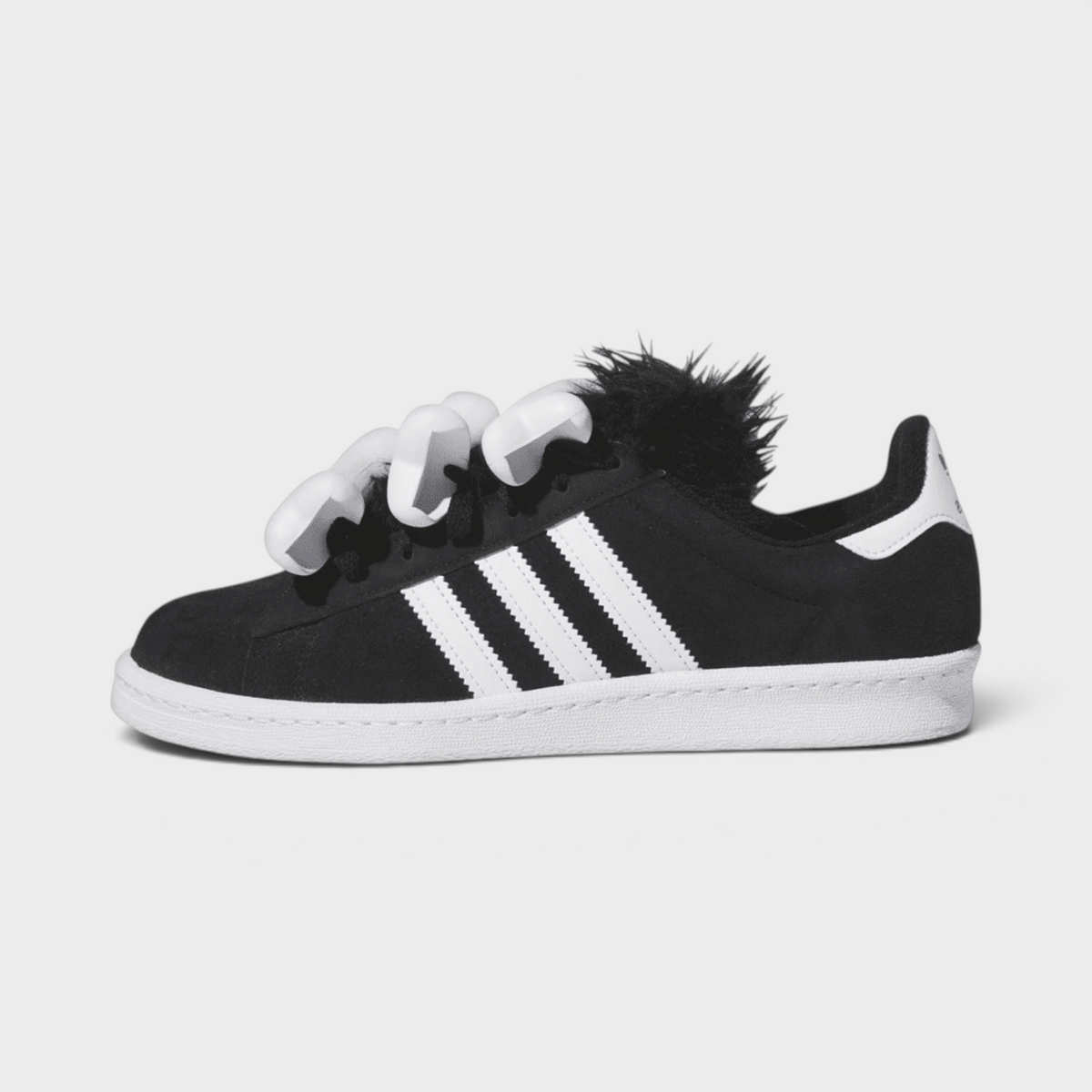 Supplied Fashion adidas Campus 80 Jeremy Scott black suede trainers with white bone detail and black faux fur tongue