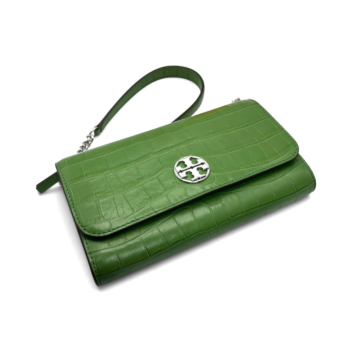 Supplied Fashion Willa palm green embossed leather chain wallet with silver logo hardware and shoulder strap.