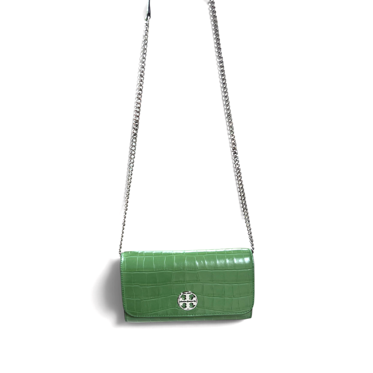 Supplied Fashion Willa palm green embossed chain wallet with silver hardware and crocodile-effect finish