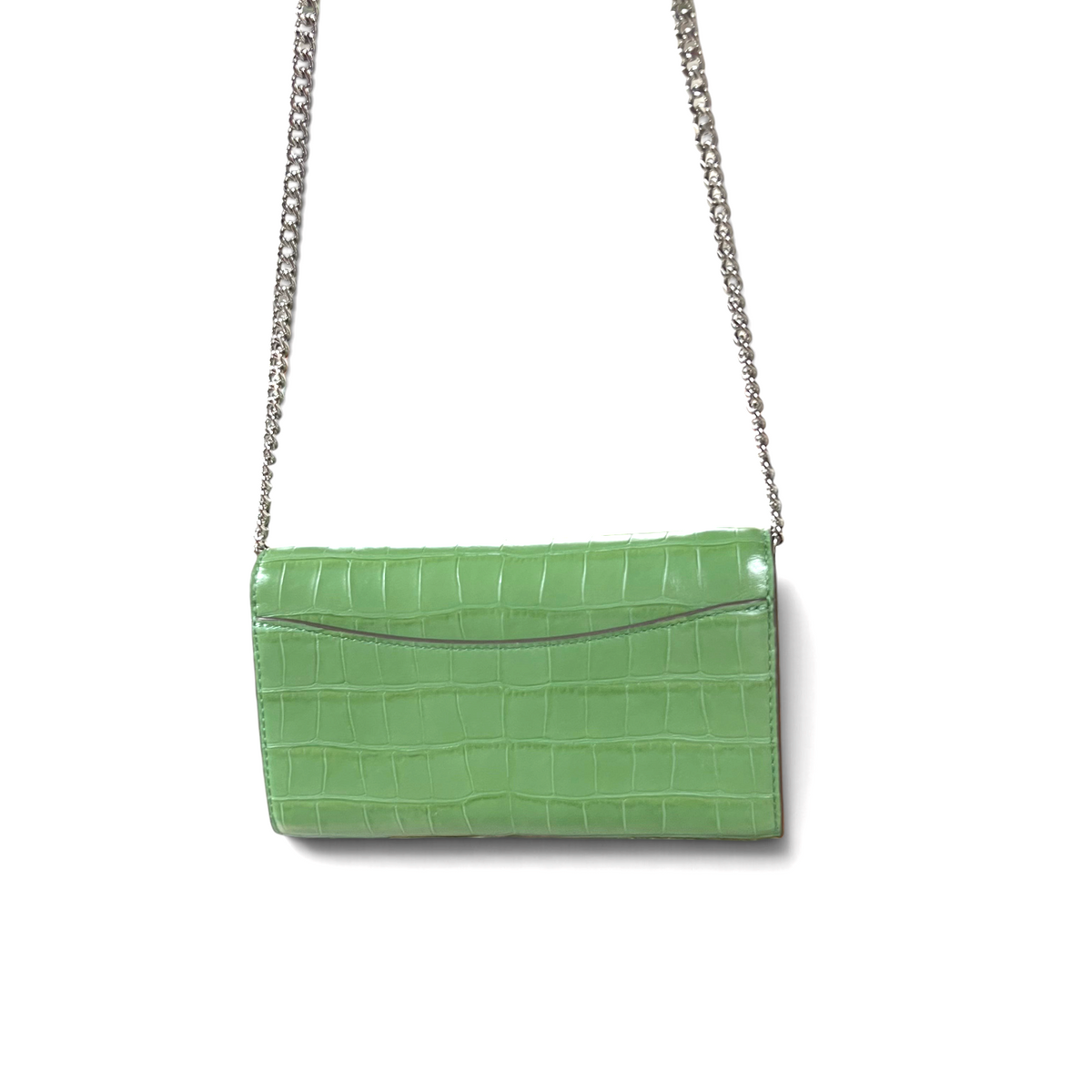 Supplied Fashion Willa palm green embossed chain wallet with silver strap worn by a woman in a burgundy top
