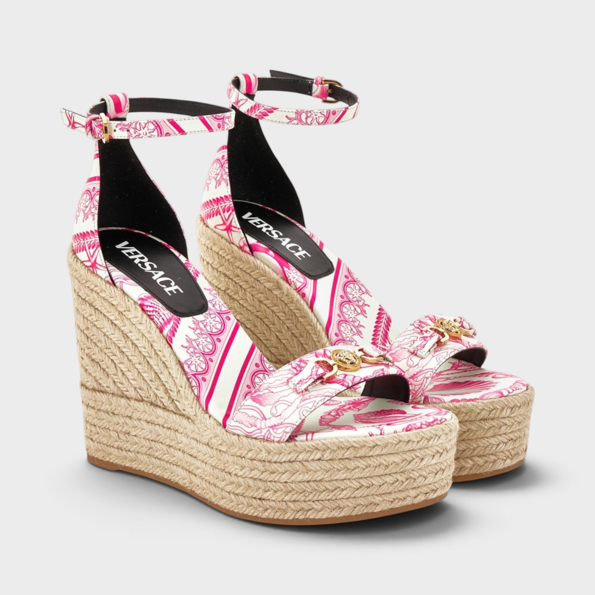 Supplied Fashion pink and white patterned platform espadrille wedges with gold Medusa hardware and ankle straps