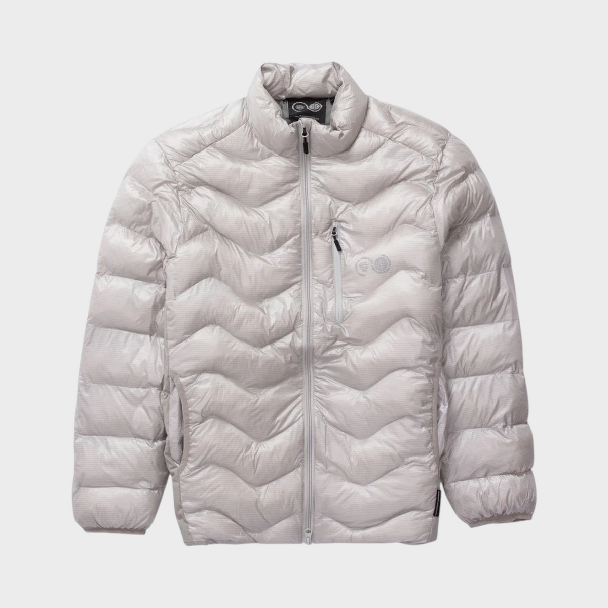 Supplied Fashion Purple Mountain Observatory Waves light grey puffer jacket with funnel neck and chevron quilting.