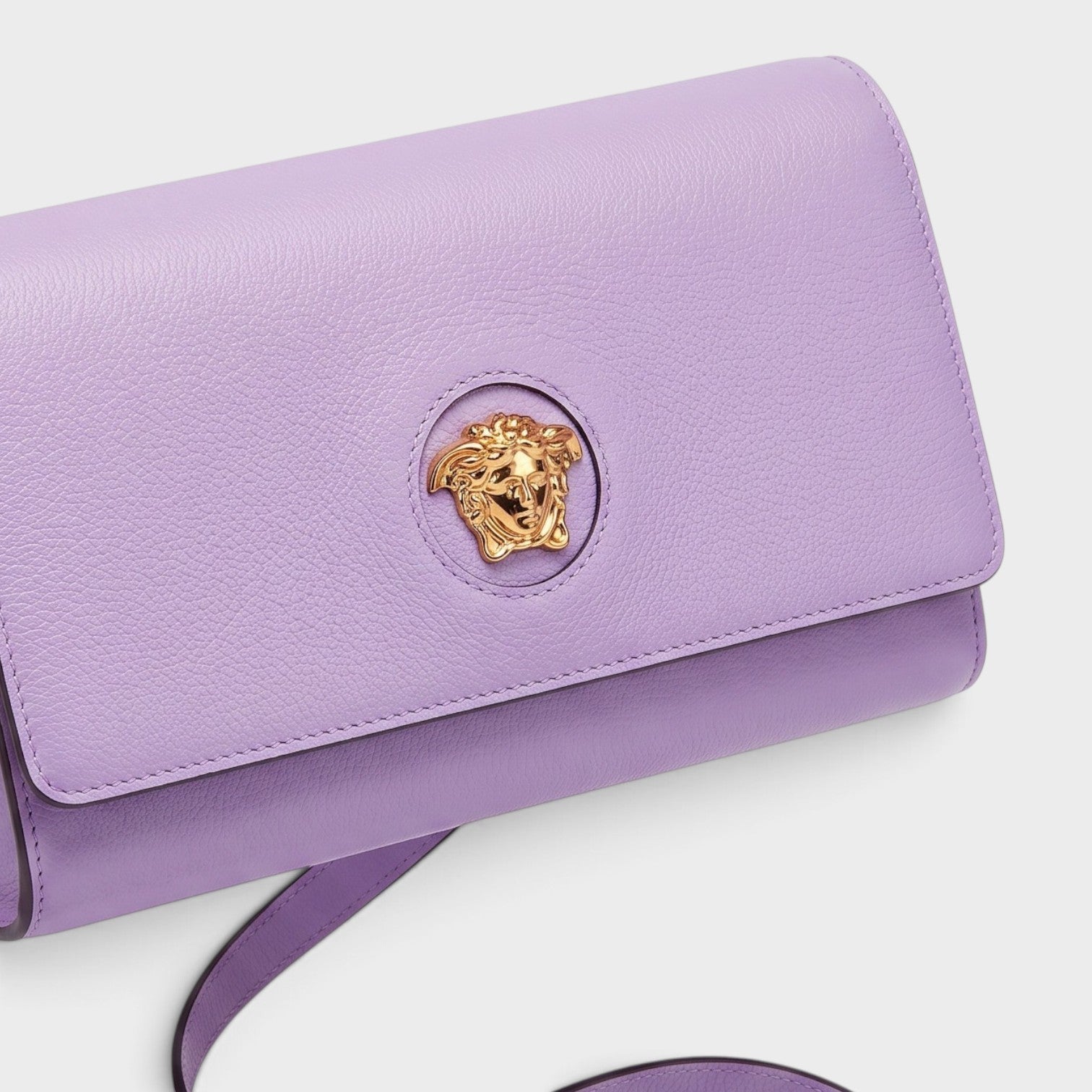 Medusa Leather Long Wallet On Strap Bag Gold Lilac Purple