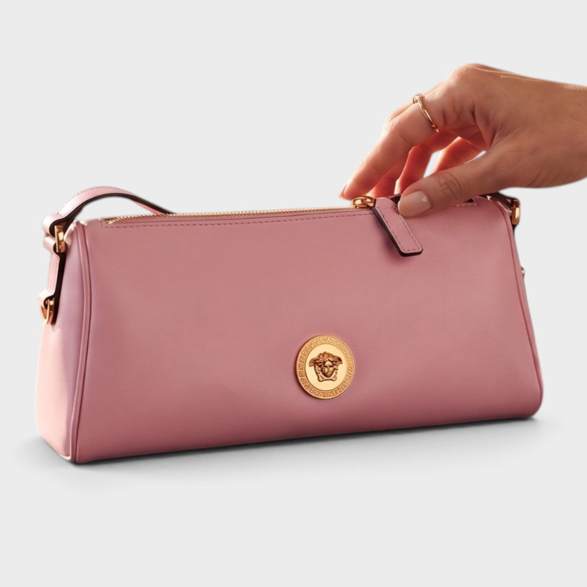 Medusa Leather Shoulder Bag Gold Pink