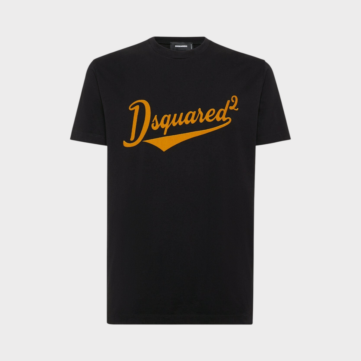 Supplied Fashion black short-sleeve T-shirt featuring a prominent orange velvet Dsquared2 logo on the chest.