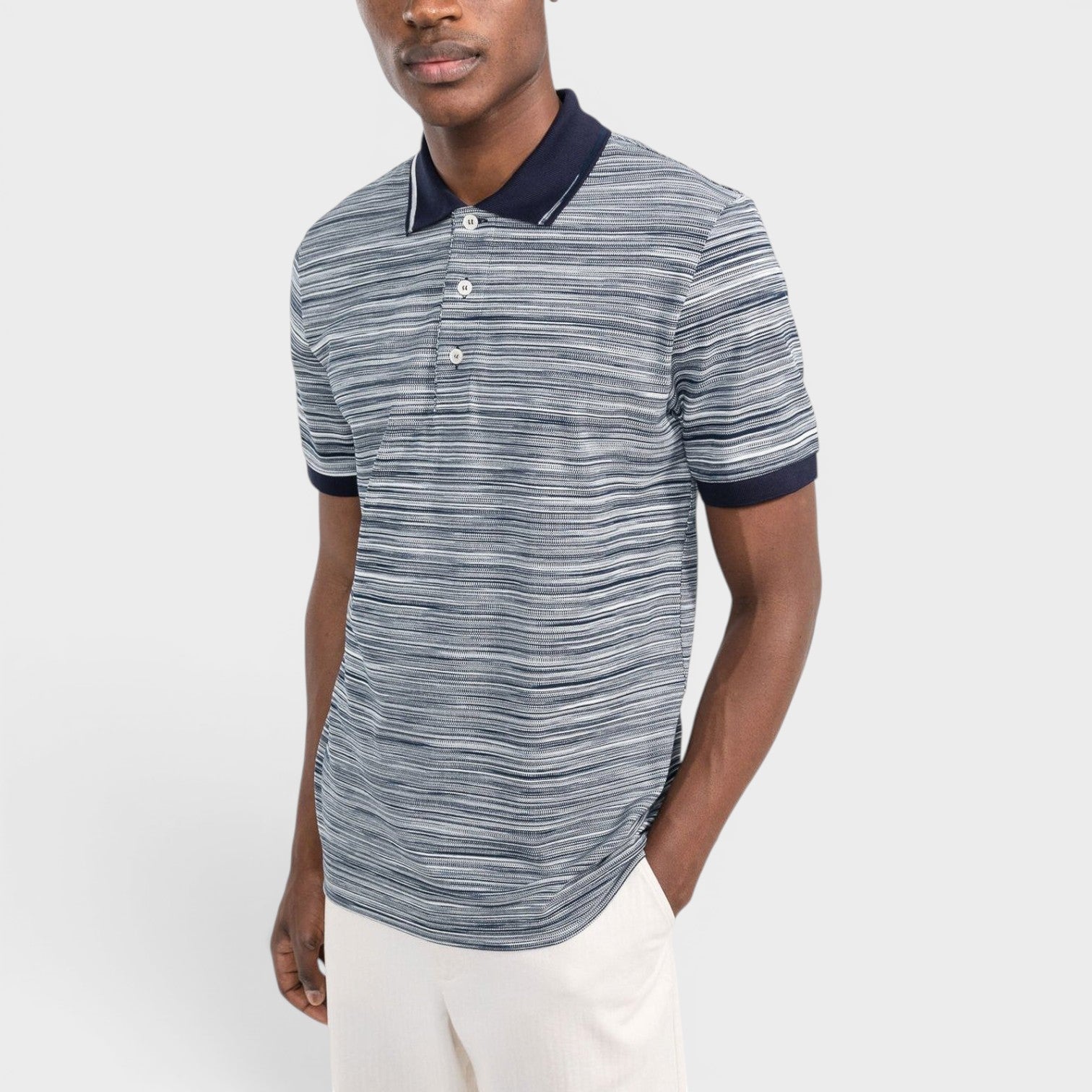 Striped Contrast Collar Polo Shirt Space Dyed Navy White