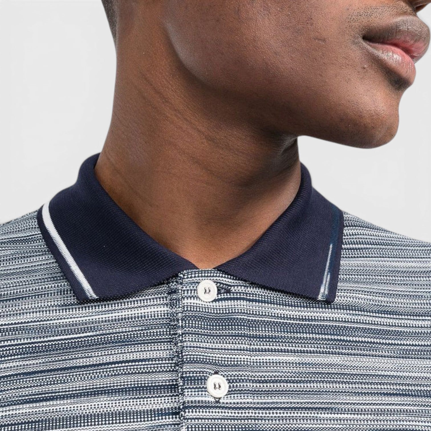 Striped Contrast Collar Polo Shirt Space Dyed Navy White