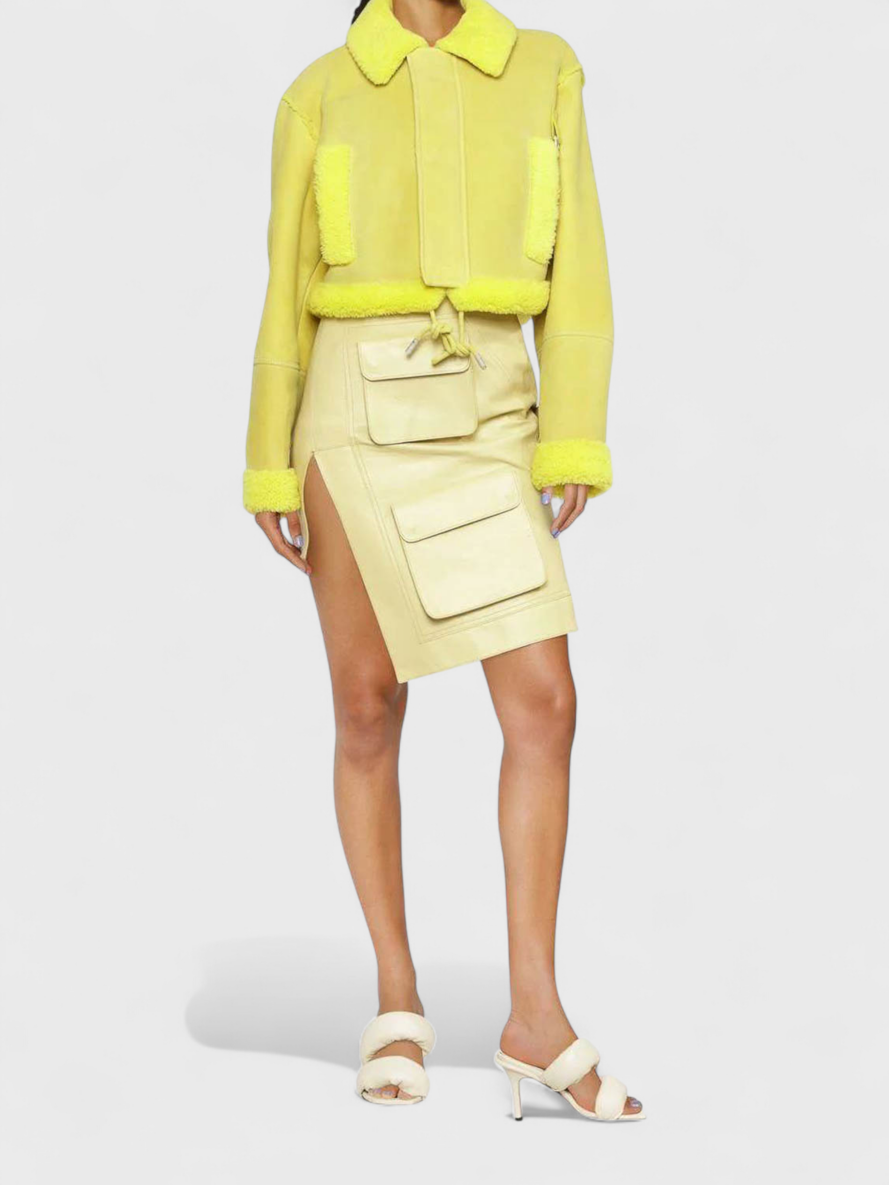 Off-White Shearling Crop Jacket Lemon Yellow