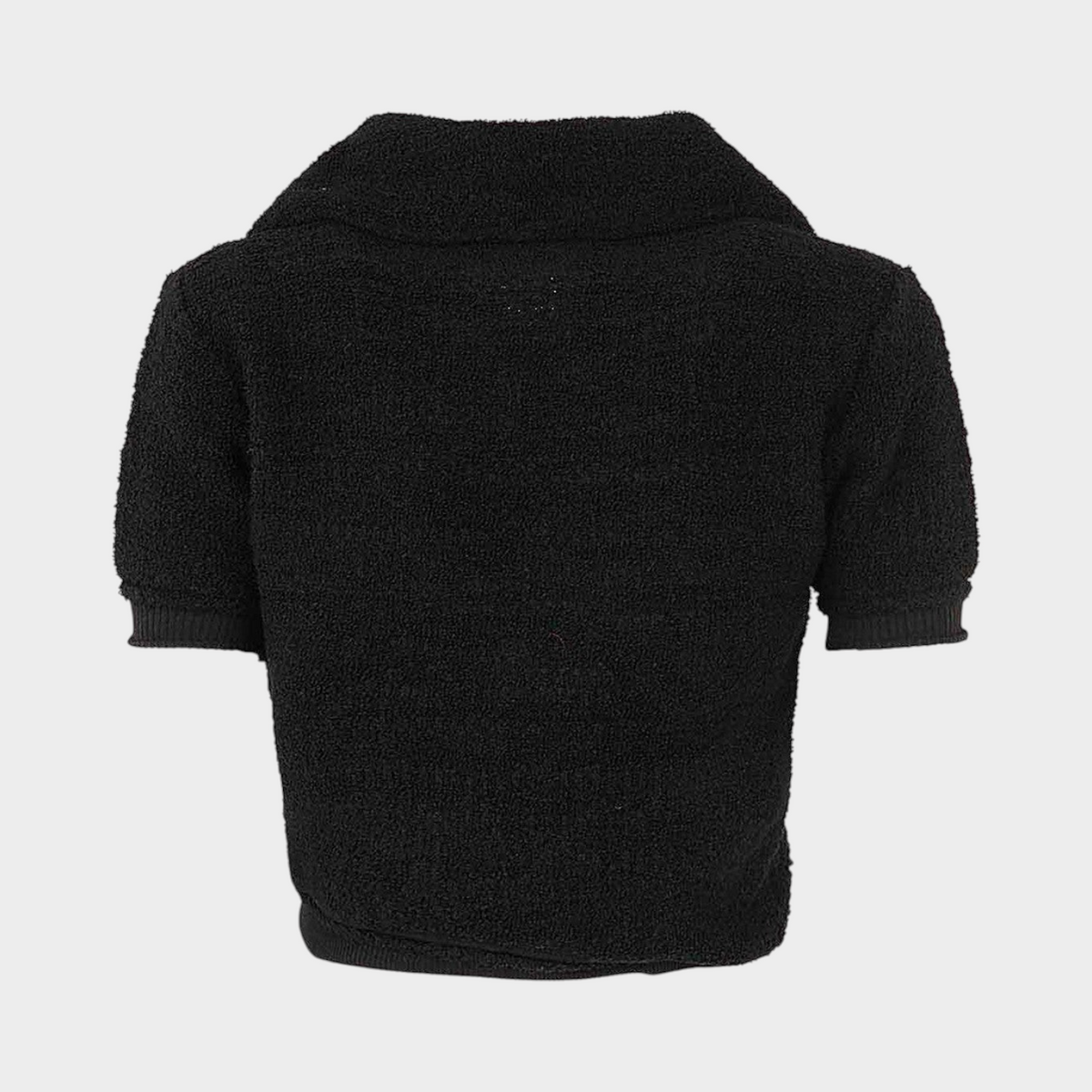 Supplied Fashion black wool blend short-sleeve cardigan with a textured knit and wide collar, back view.