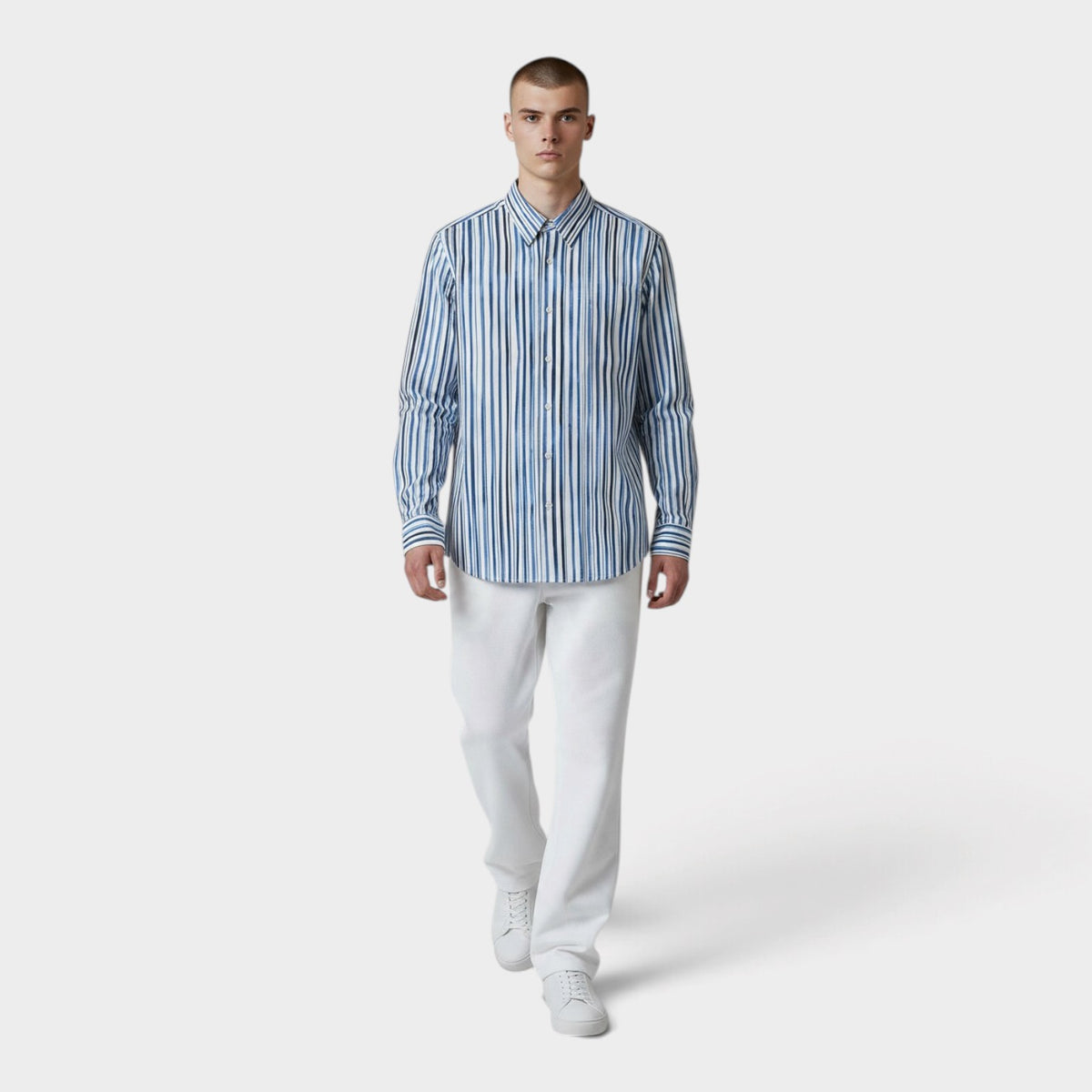 Watercolour Painted Stripe Shirt Blue White