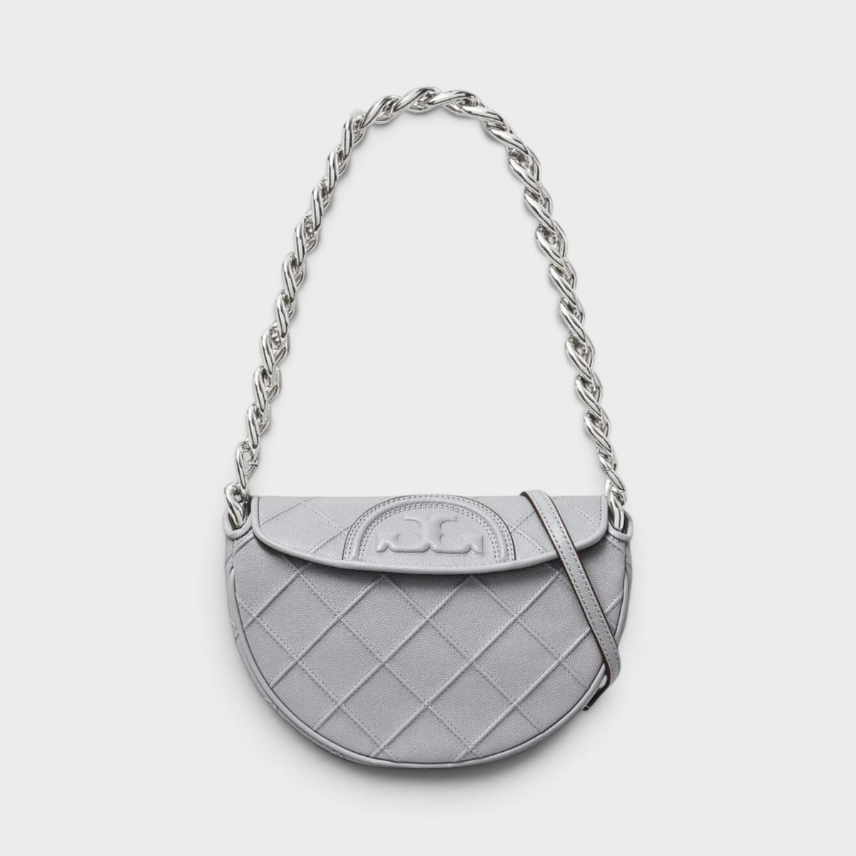 Supplied Fashion Tory Burch Fleming mini crescent bag in slate grey soft-grain leather with silver chain strap
