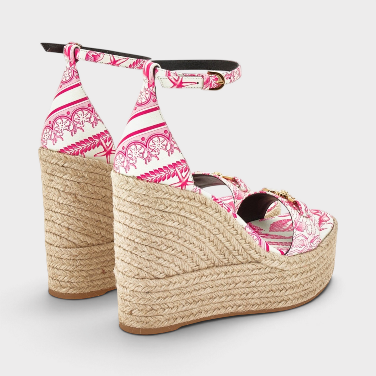 Supplied Fashion pink and white platform espadrilles with gold Medusa detail and woven jute wedge heel