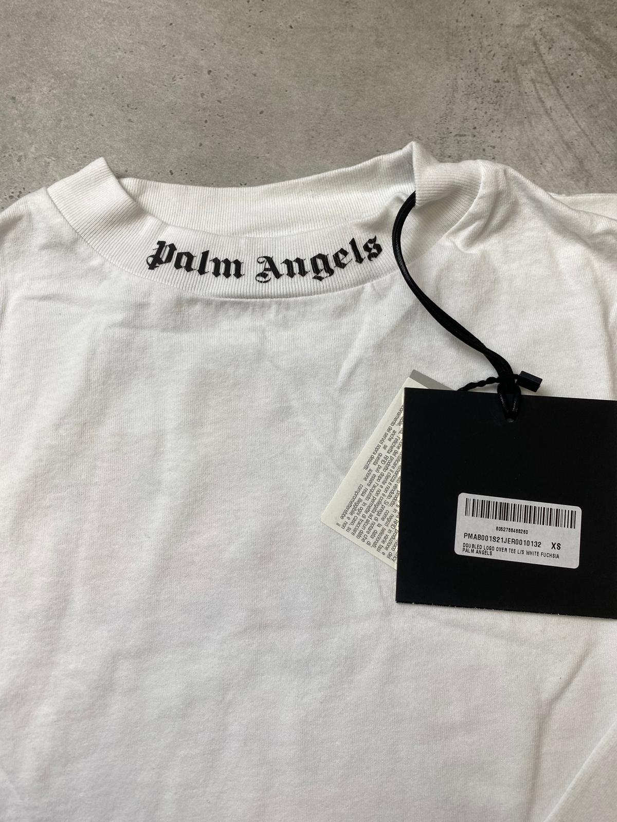 Palm Angels Double Logo Over Long Sleeve Shirt White Fuchsia XS