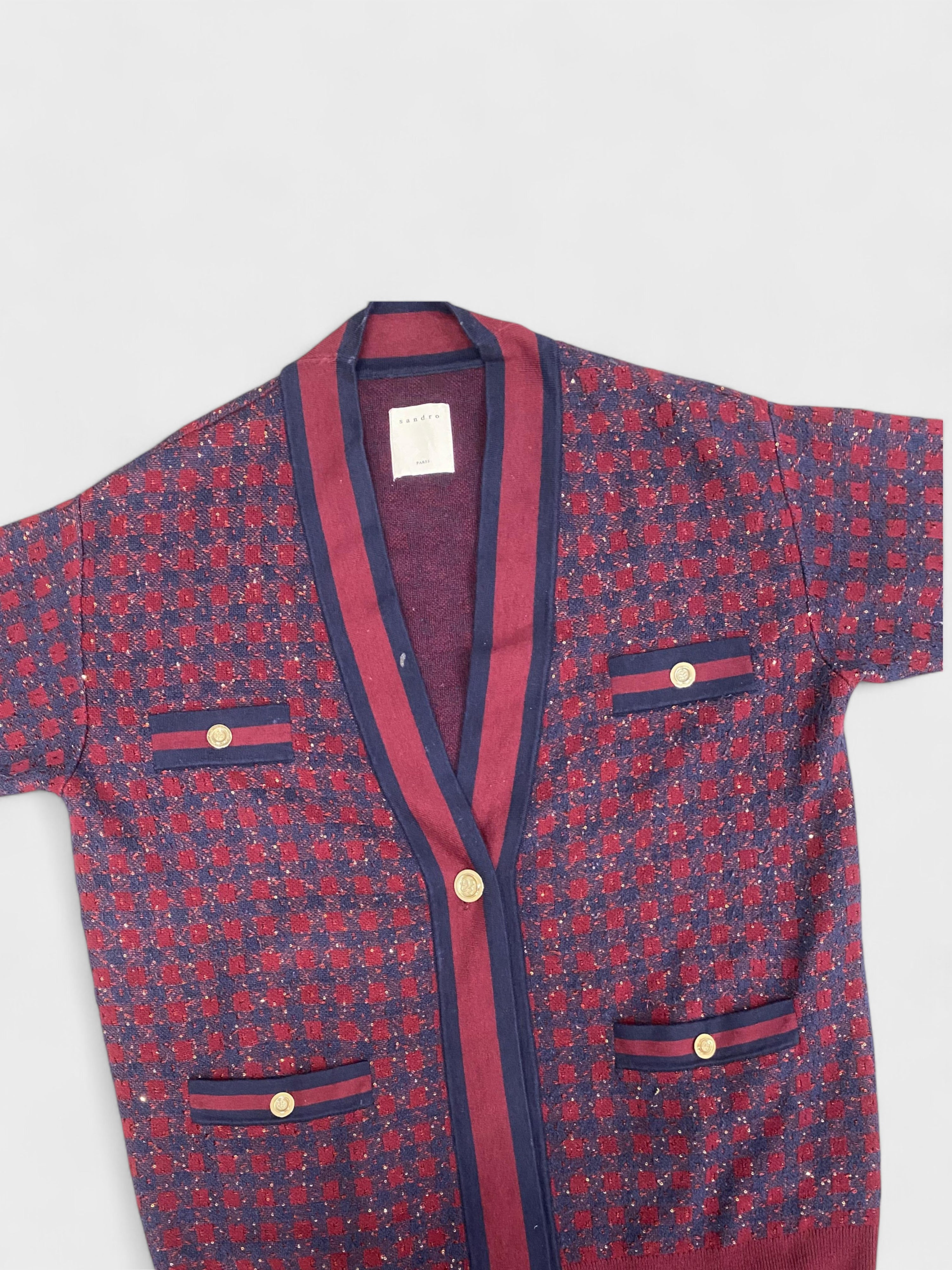 Sandro Margot Checked Cardigan Red Navy