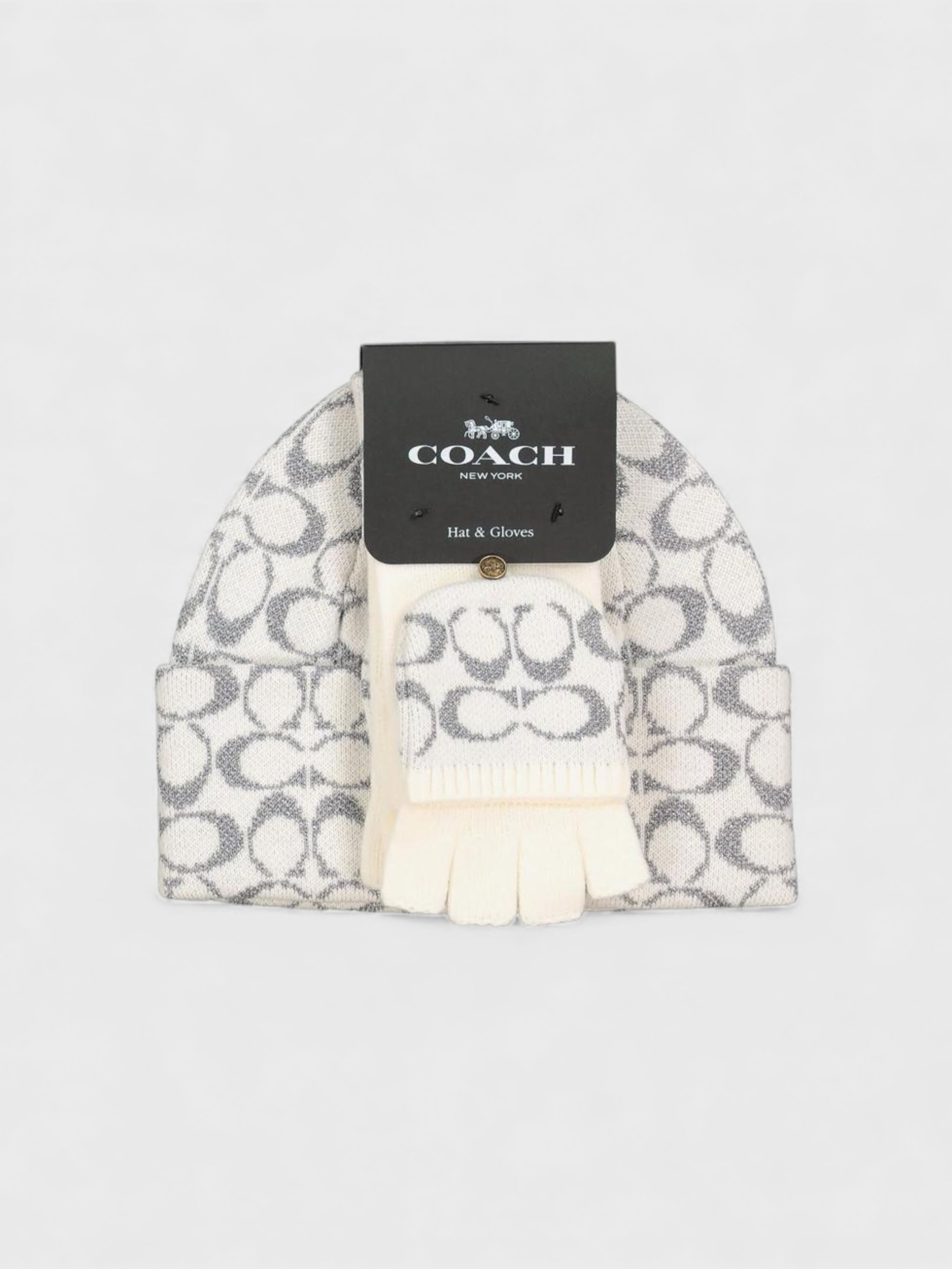 Coach Metallic Signature Beanie and Gloves Gift Set Chalk