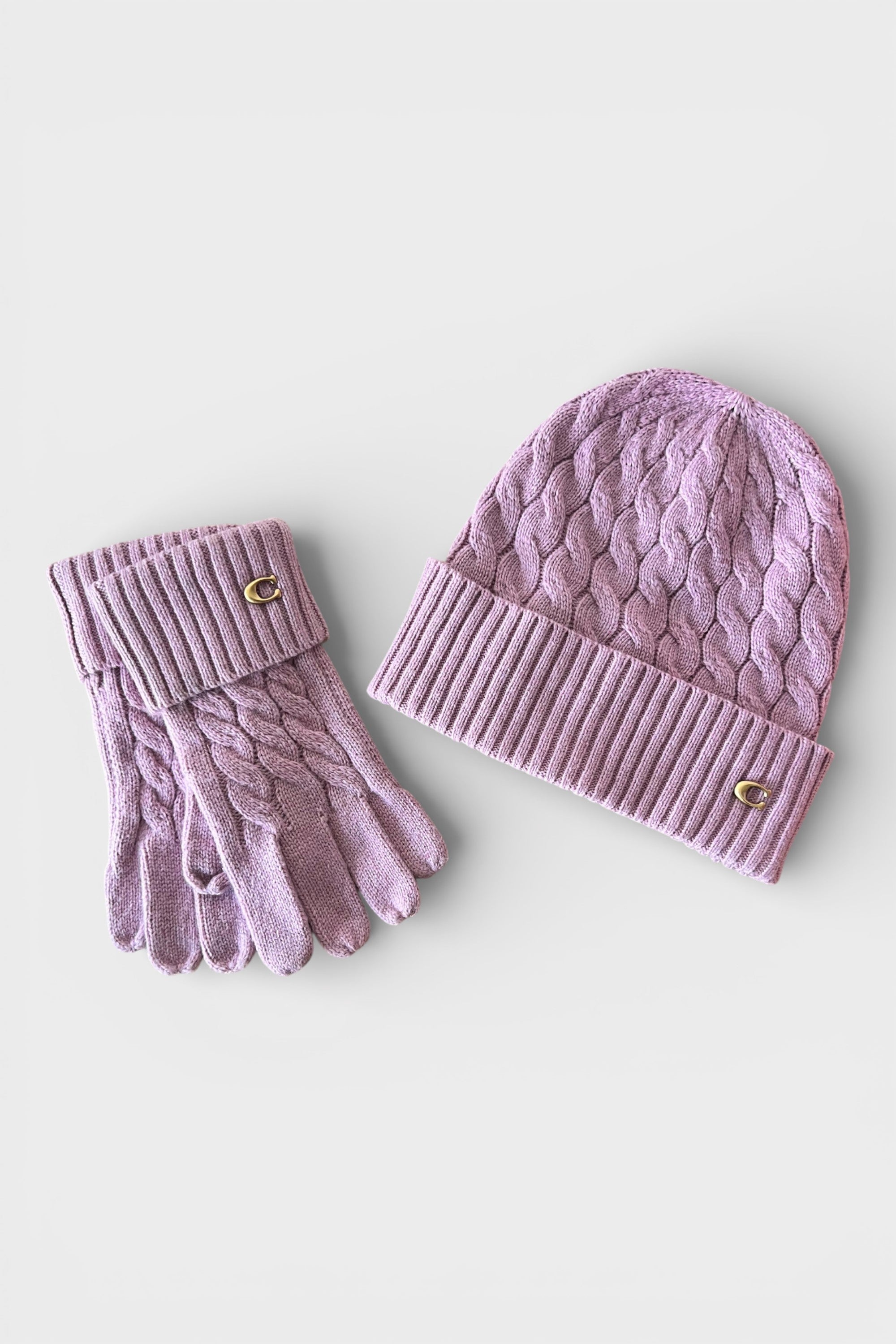Coach Cable Beanie & Gloves Gift Set Faded Pink