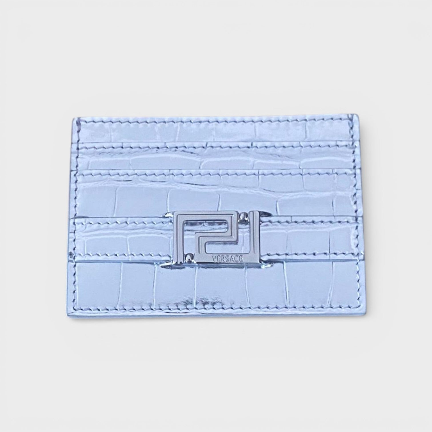 Logo Card Case Laminated Croco Silver Tone