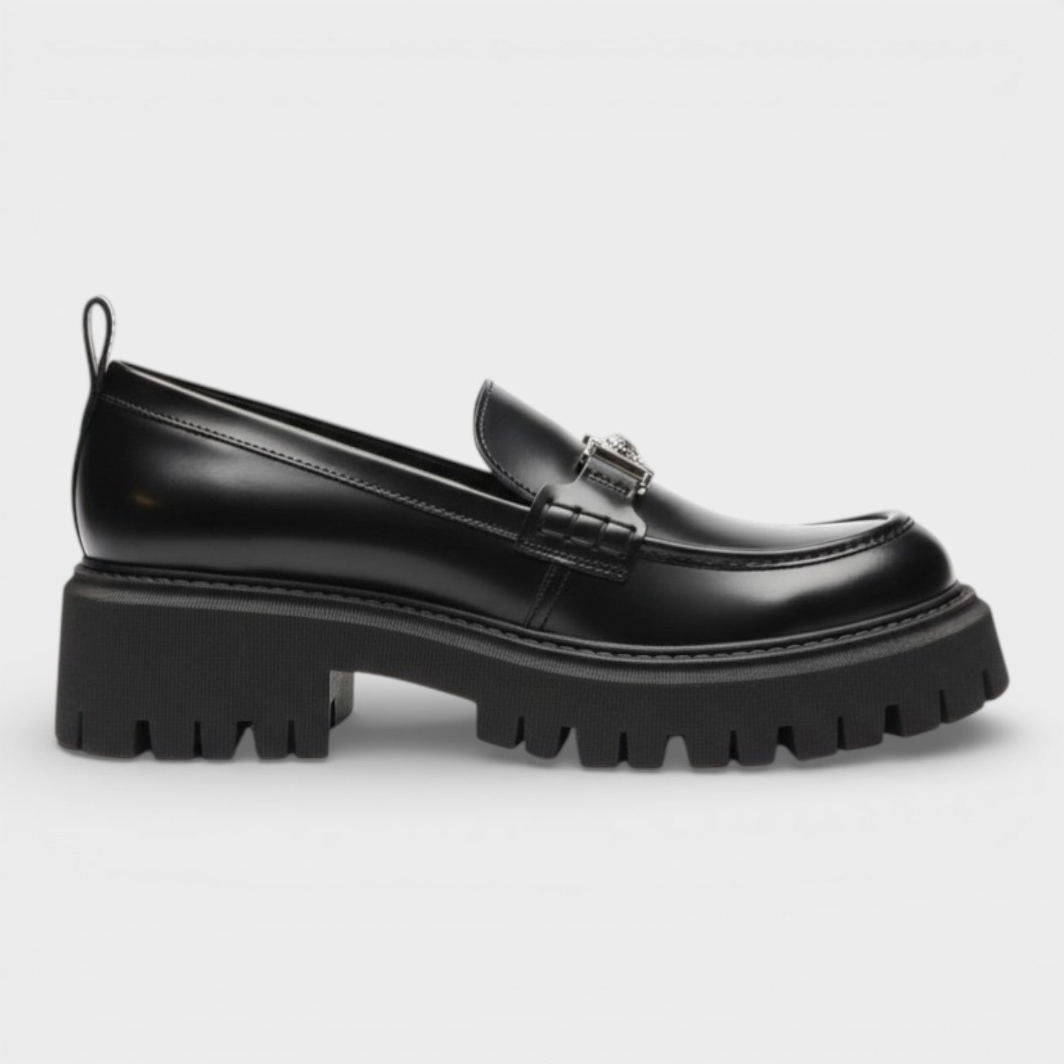 Loafer Leather Shoes Black Silver
