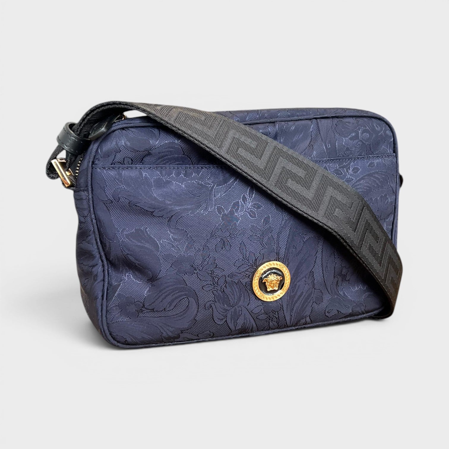 Medusa Logo Jacquard Crossbody Fabric Bag Navy Black