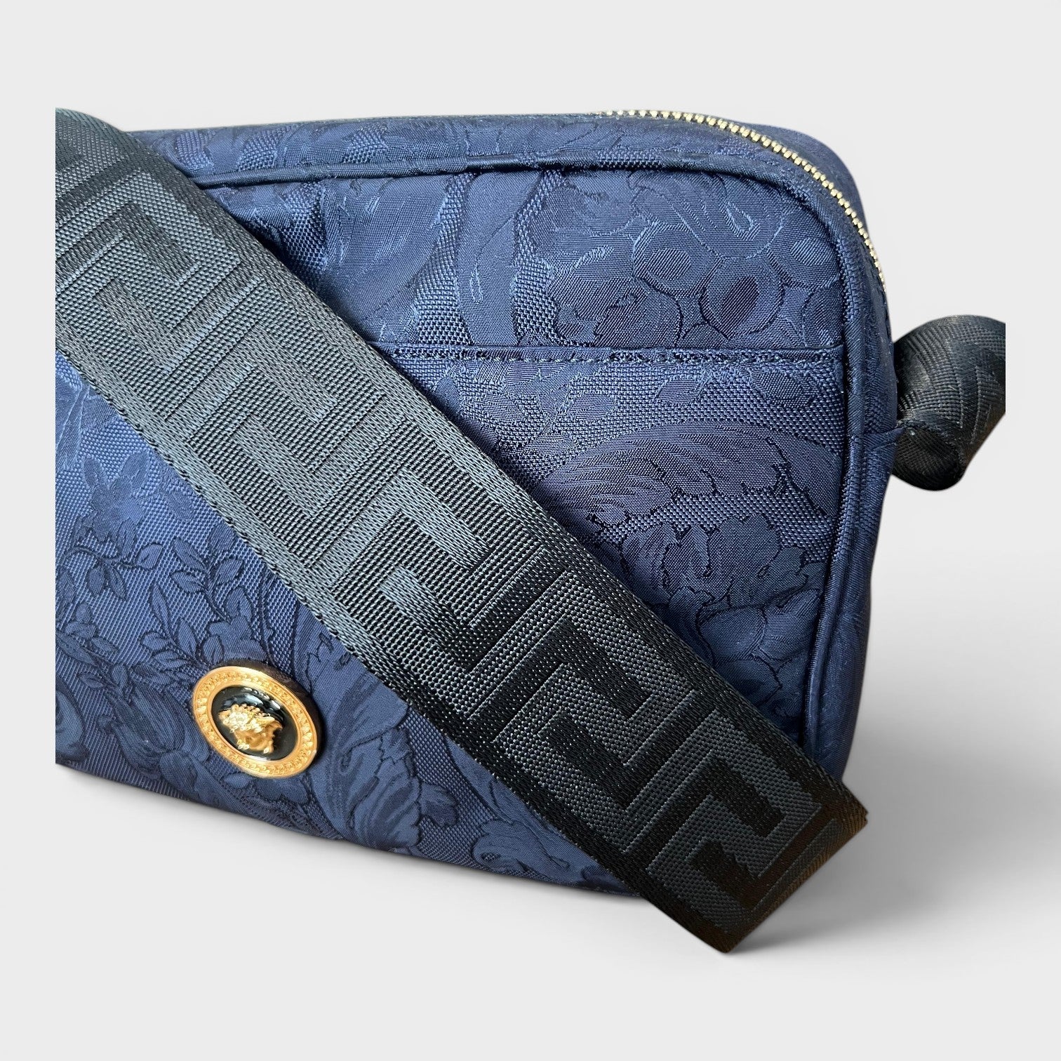 Medusa Logo Jacquard Crossbody Fabric Bag Navy Black