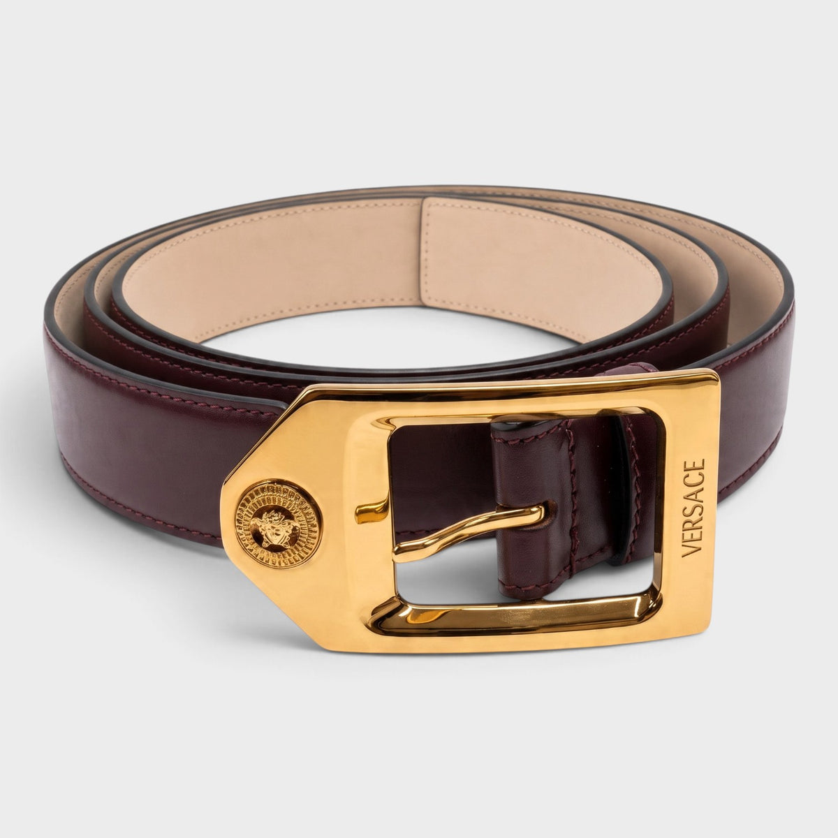 Medusa Calf Leather Belt Gold Tone Buckle Burgundy Dark Red
