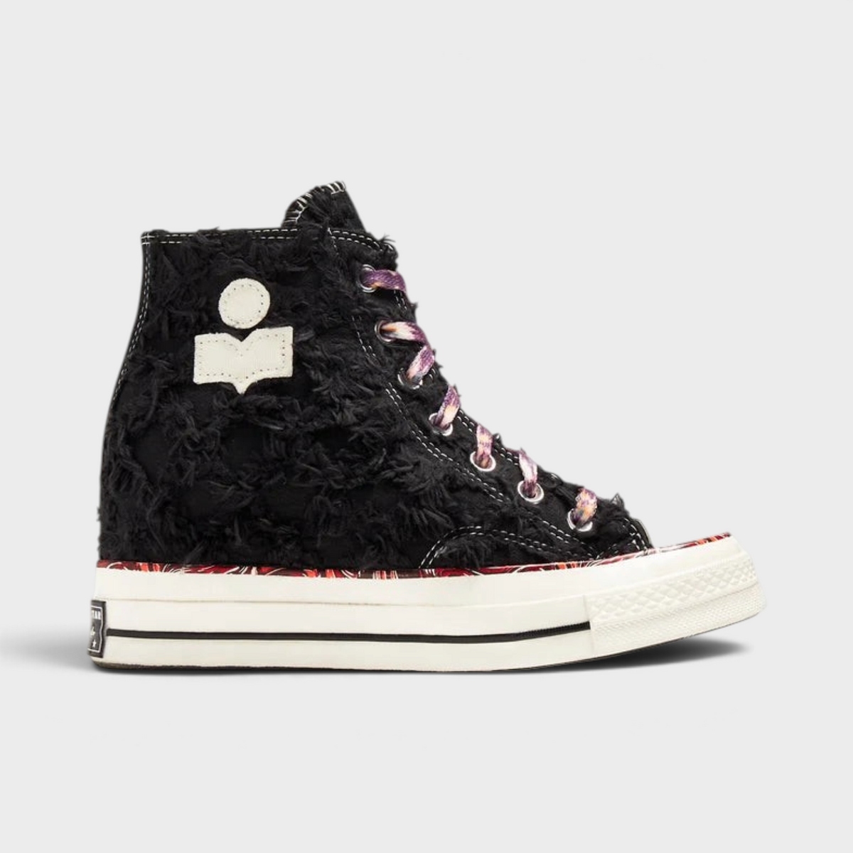 Supplied Fashion Isabel Marant Chuck 70 black canvas wedge sneakers with frayed texture and patterned laces