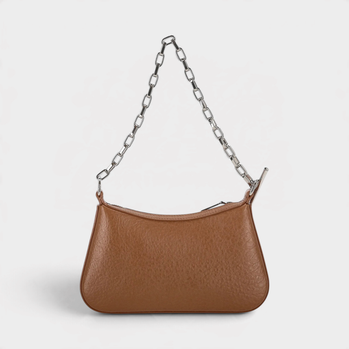 Supplied Fashion pecan brown leather mini handbag with a silver chain strap and structured T-bar design.