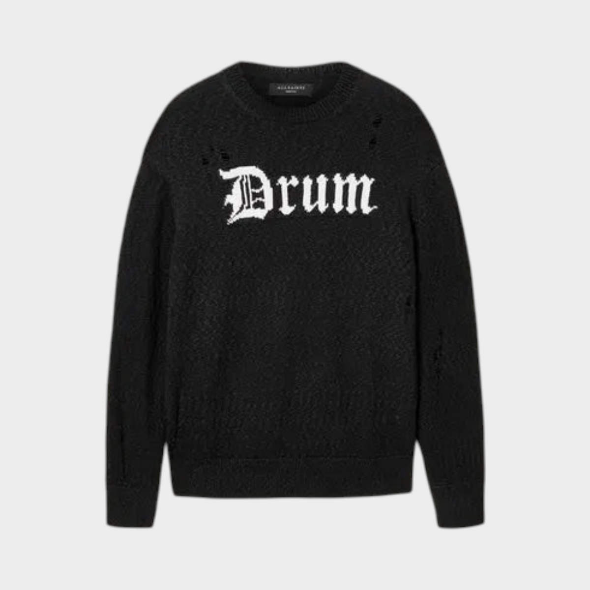 Supplied Fashion All Saints black jacquard knit jumper featuring white Drum gothic lettering and distressed details.