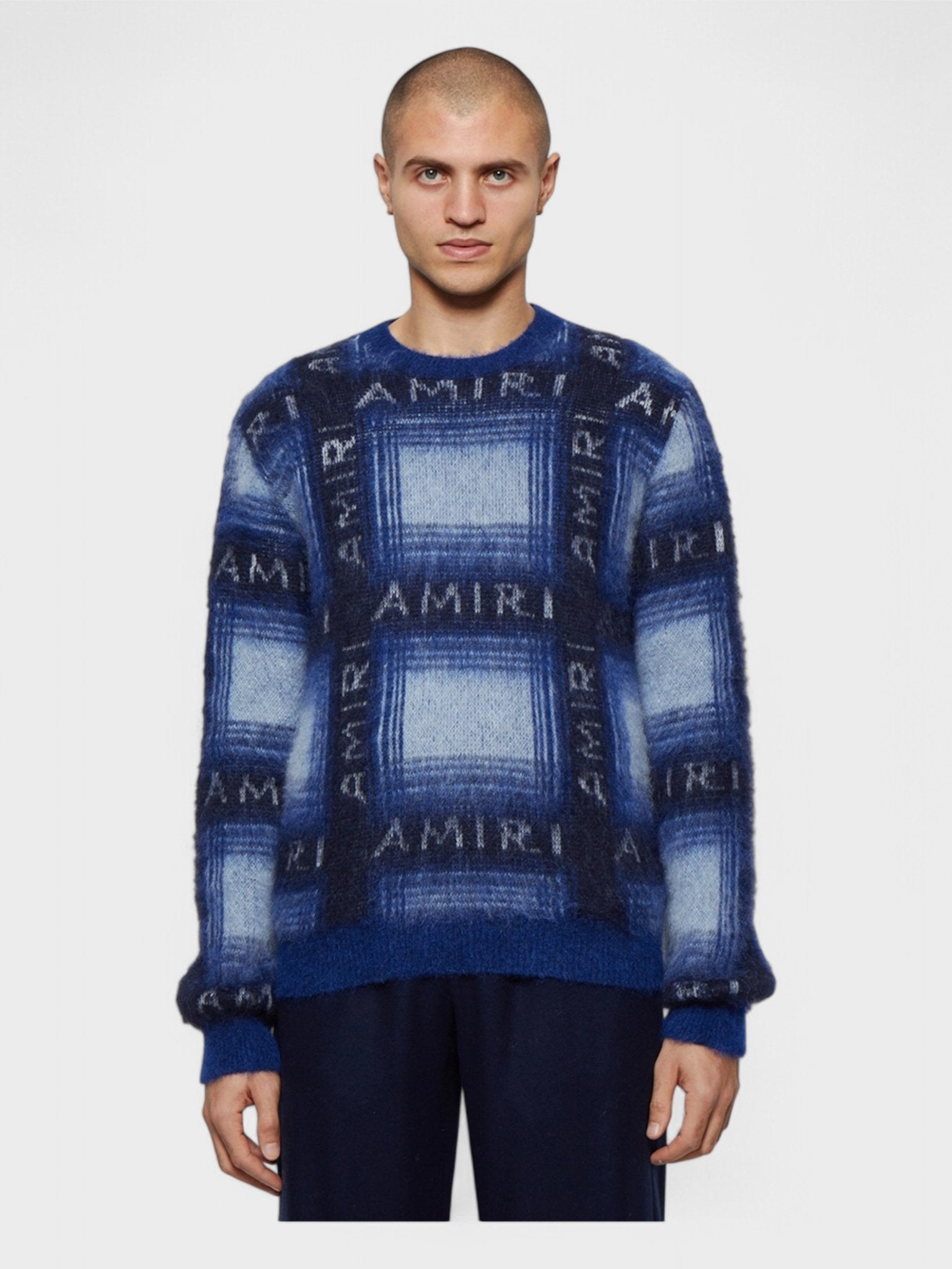 Amiri Brushed Mohair Plaid Crew Blue Black - Supplied FashionAmiri