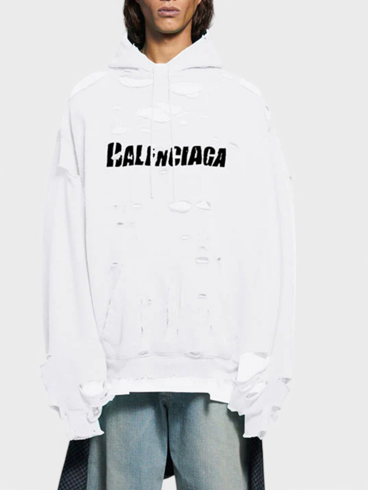 Balenciaga Caps Destroyed Hoodie White - Supplied FashionBalenciaga