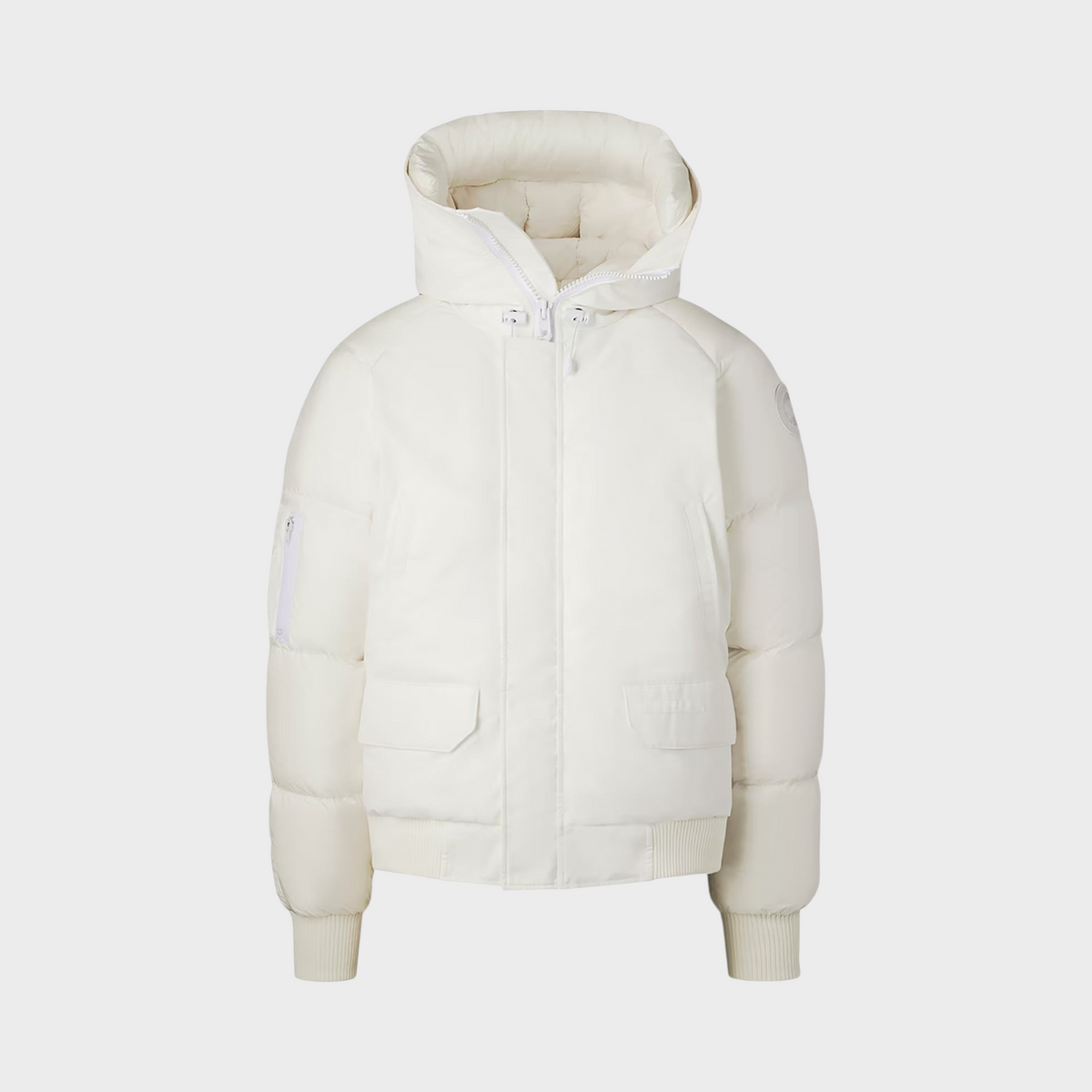Supplied Fashion Paradigm Chilliwack white down bomber jacket with a protective hood and ribbed cuffs.
