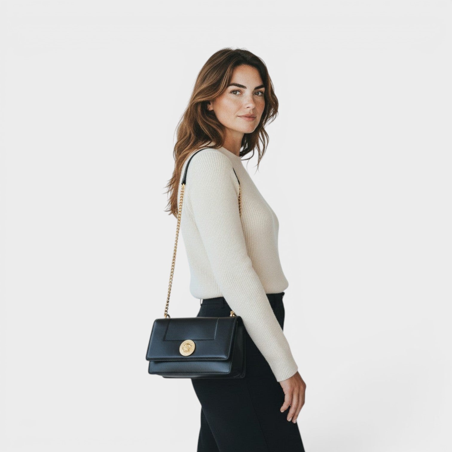 Logo Medusa Shoulder Bag Leather Black Gold Tone