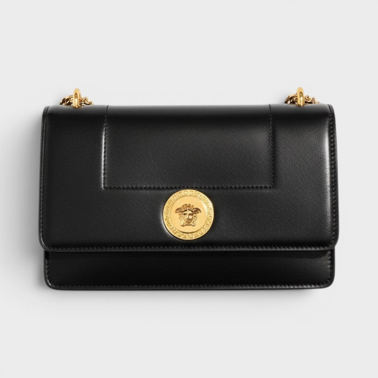 Logo Medusa Shoulder Bag Leather Black Gold Tone