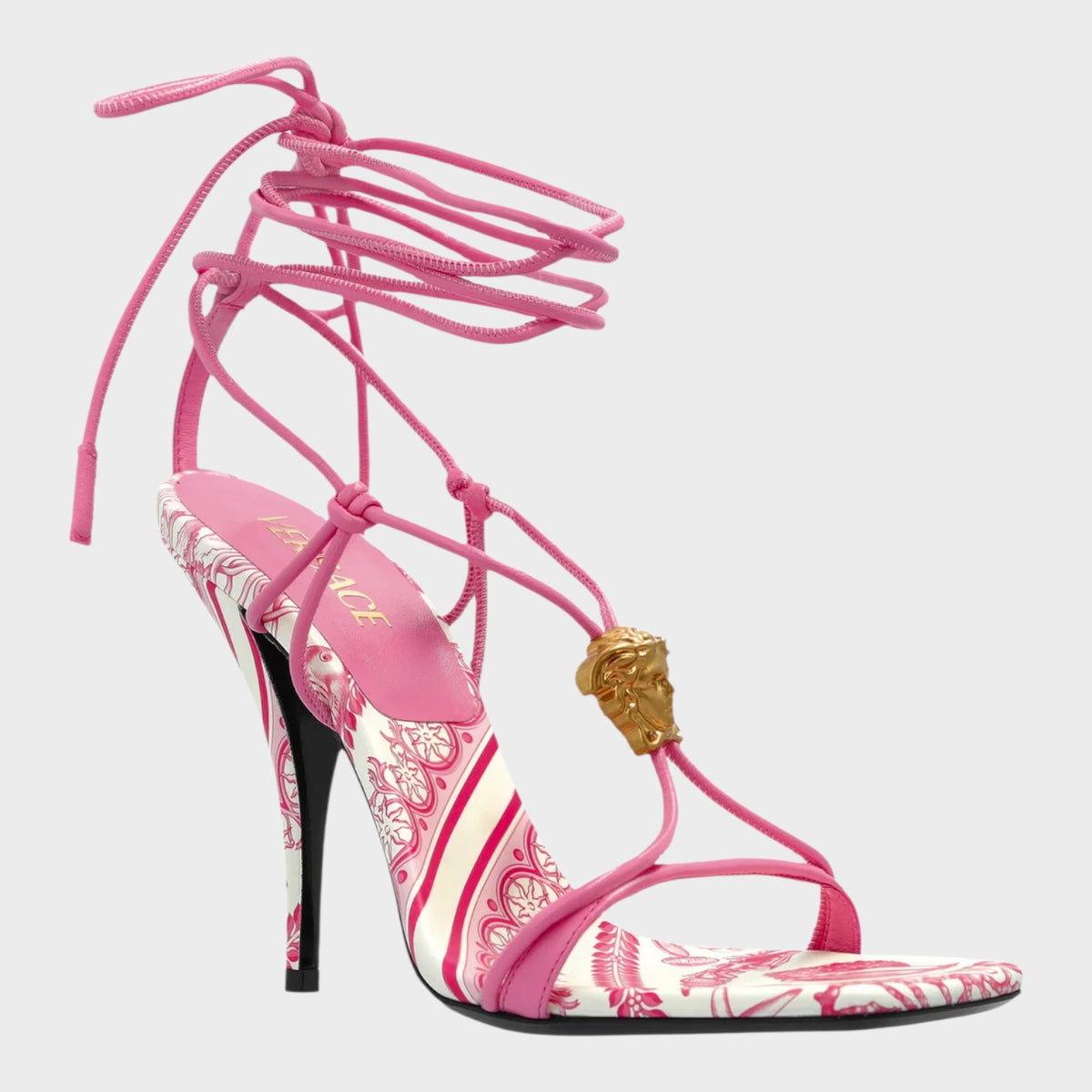 Medusa Barocco Square Toe Heeled Sandals Pink White