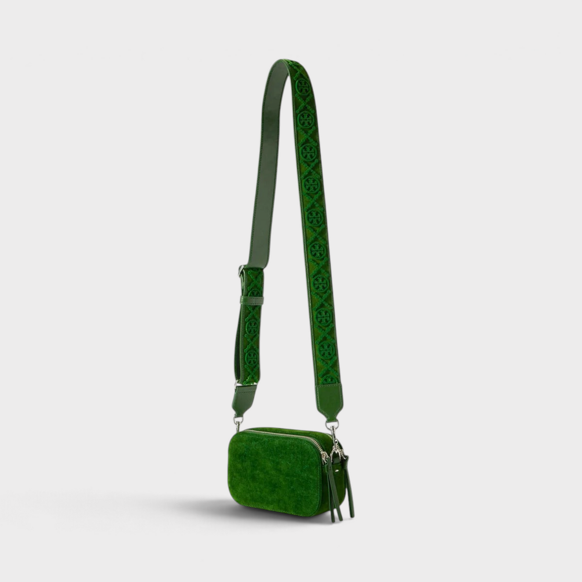 Supplied Fashion Miller emerald green flocked leather mini crossbody bag with logo strap and gold-tone hardware