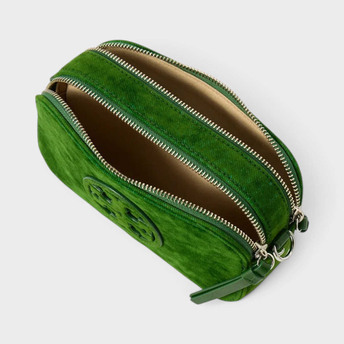 Supplied Fashion Tory Burch emerald green flocked leather mini crossbody bag with gold-tone double-T logo hardware